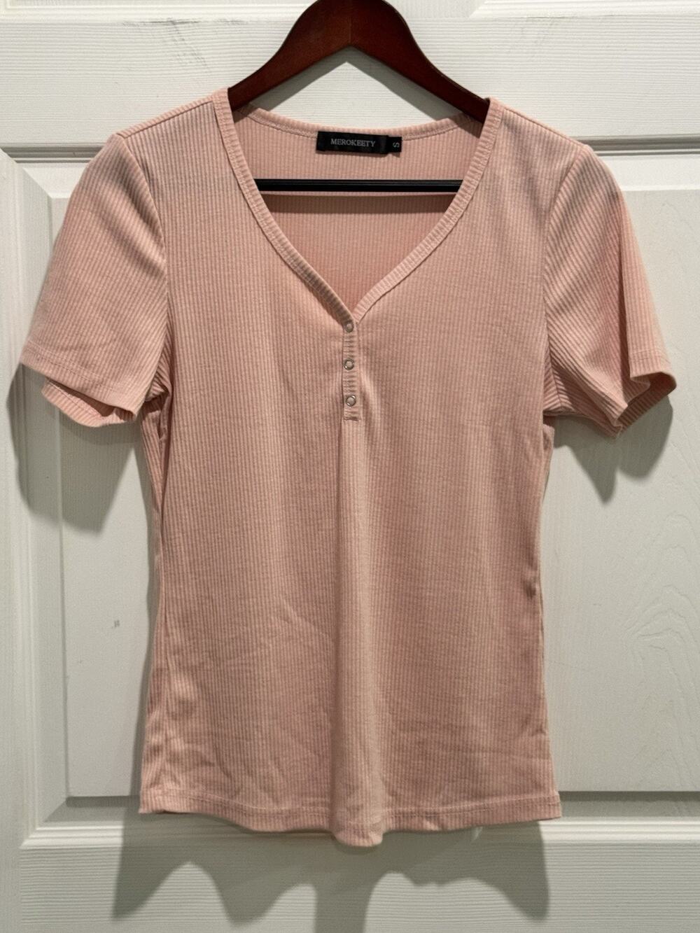 MEROKEETY Women's Short Sleeve V Neck Pink Ribbed Button Henley Knit Top Small